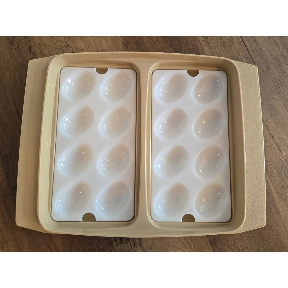 Vintage Tupperware Deviled Egg Carrier Almond Beige 723-3 Tray 724-4 Inserts Lid